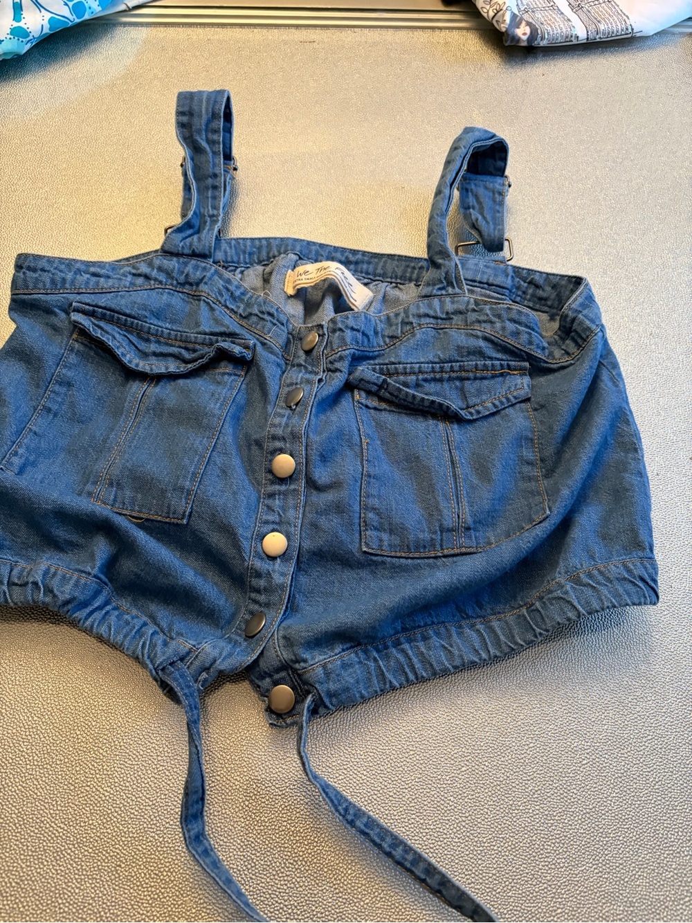 Free People Denim Button-Front Short Overalls in Blue